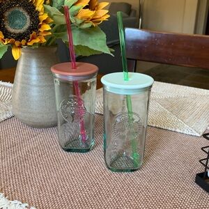 STARBUCKS Glass Cups Set of 2 Reusable Tumblers with Lids & Straws Embossed Logo